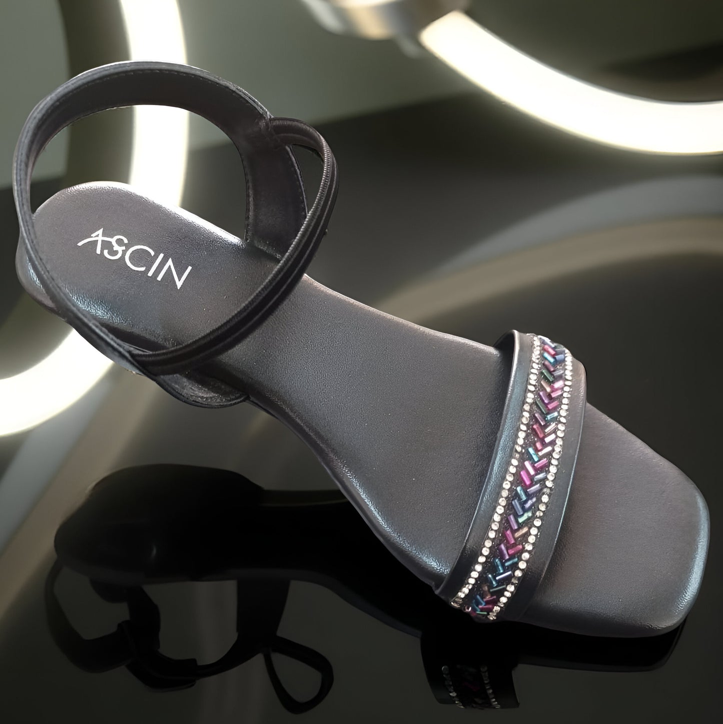Glitter Sandal- Ladies Black Embellished Wedge Heel Sandal