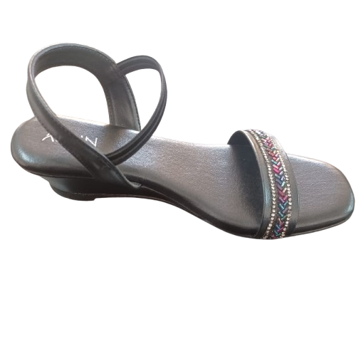 Glitter Sandal- Ladies Black Embellished Wedge Heel Sandal