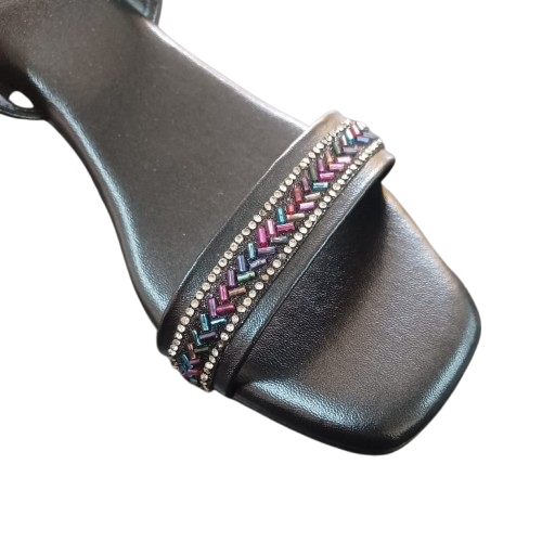 Glitter Sandal- Ladies Black Embellished Wedge Heel Sandal